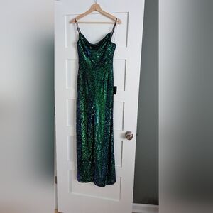 LULU’S - pants jumpsuit: iridescent green sequin lined w adj. straps, zipper - M